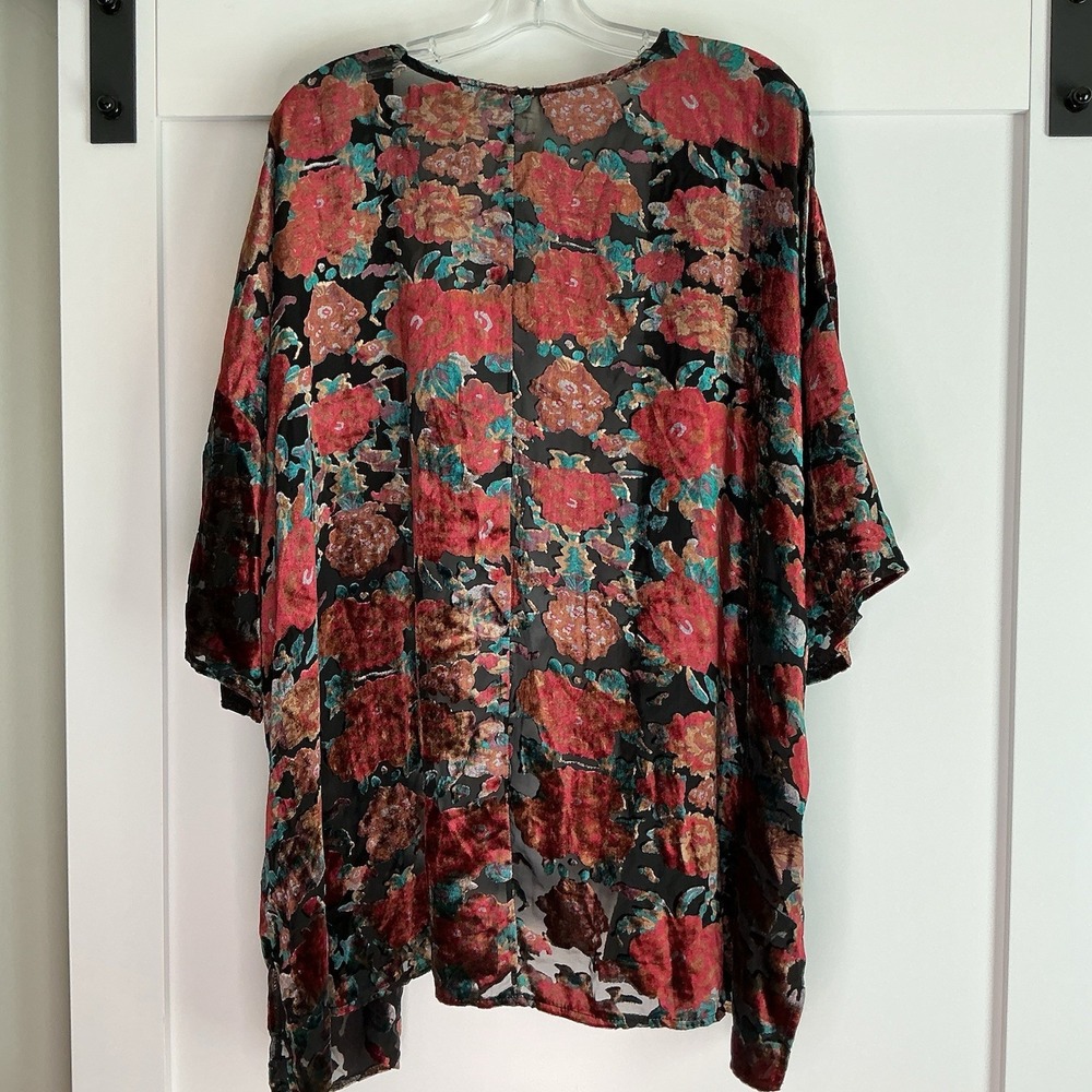 PPLA Velvet Burnout Kimono Cardigan Small Black Red Floral Whimsigoth Vamp Fairy - Picture 2 of 6